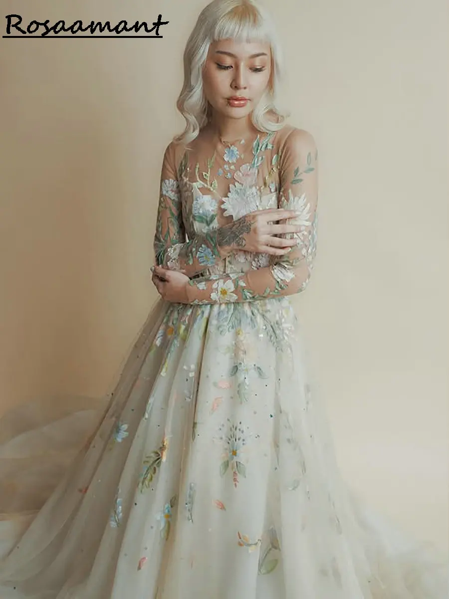 Colorful Floral Appliques Lace A-Line Wedding Dresses Illusion O-Neck Long Sleeve Country Bridal Gowns