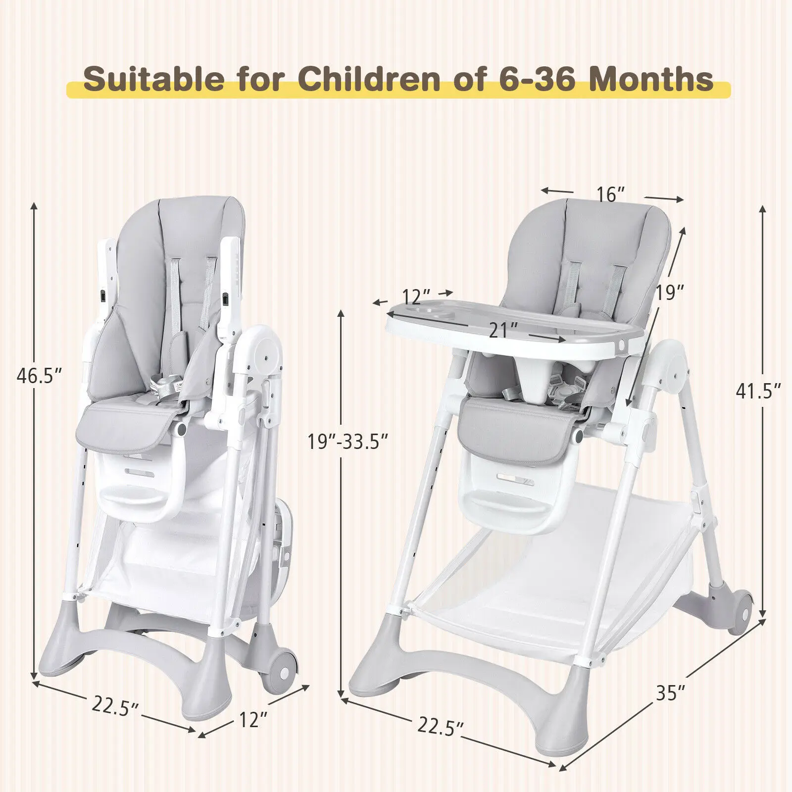 Baby Convertible Folding Adjustable High Chair w/Wheel Tray Storage Basket Grey AD10007GR