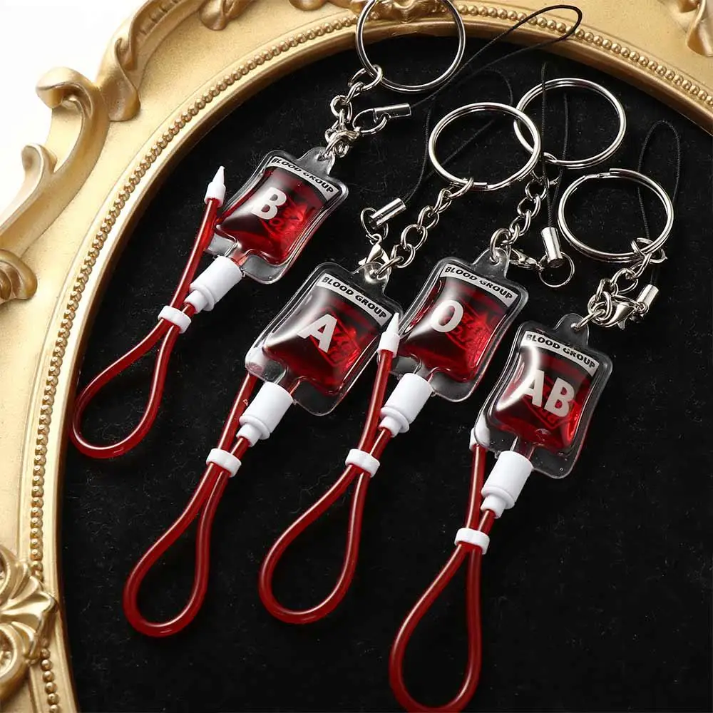 Type A B O AB Plasma Blood Bag Keychain Bag Charm Unique Mobile Phone Straps Fashion PVC Halloween Blood Pendant DIY Accessory