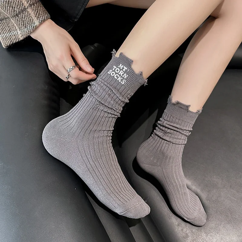 2pairs Trendy Embroidered Socks Women\'s Ins Street Trend Fashion Hole Socks Beggar Socks Korean Cotton Medium Tube Stockings