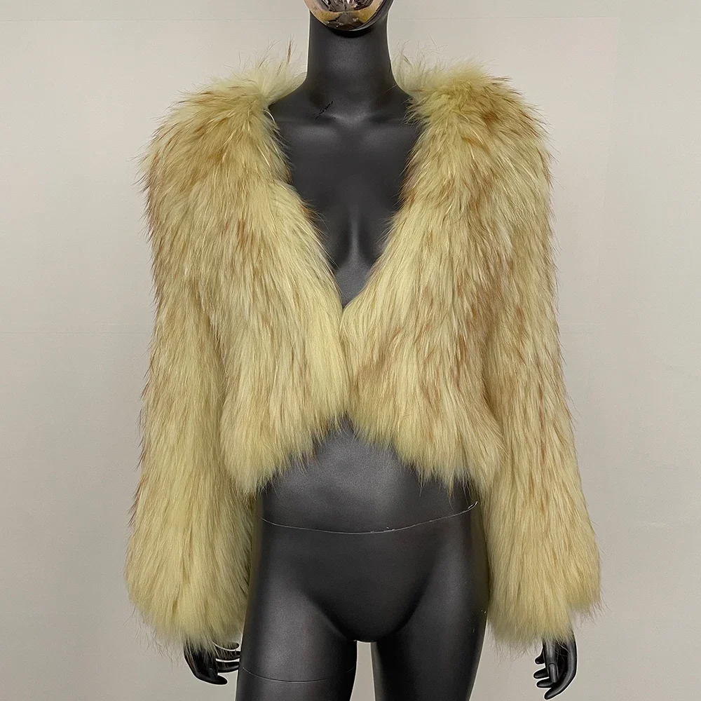 OFTBUY Natural Raccoon Fur Jacket Women Short European 2024 Autumn Winter New Thickened Warm V-neck Double-sided Woven Fur Coat