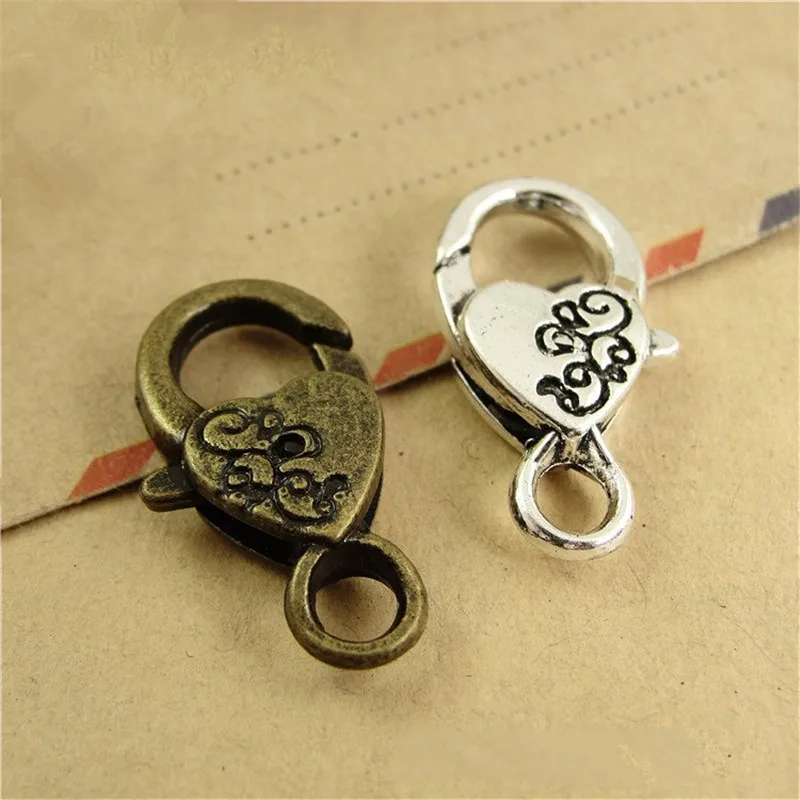 

40pcs 15x26 mm Heart Love With Flower Shape Lobster Buckle Clasp Hooks Alloy Antique Silver Bronze Keychains Keyring Jewlery DIY