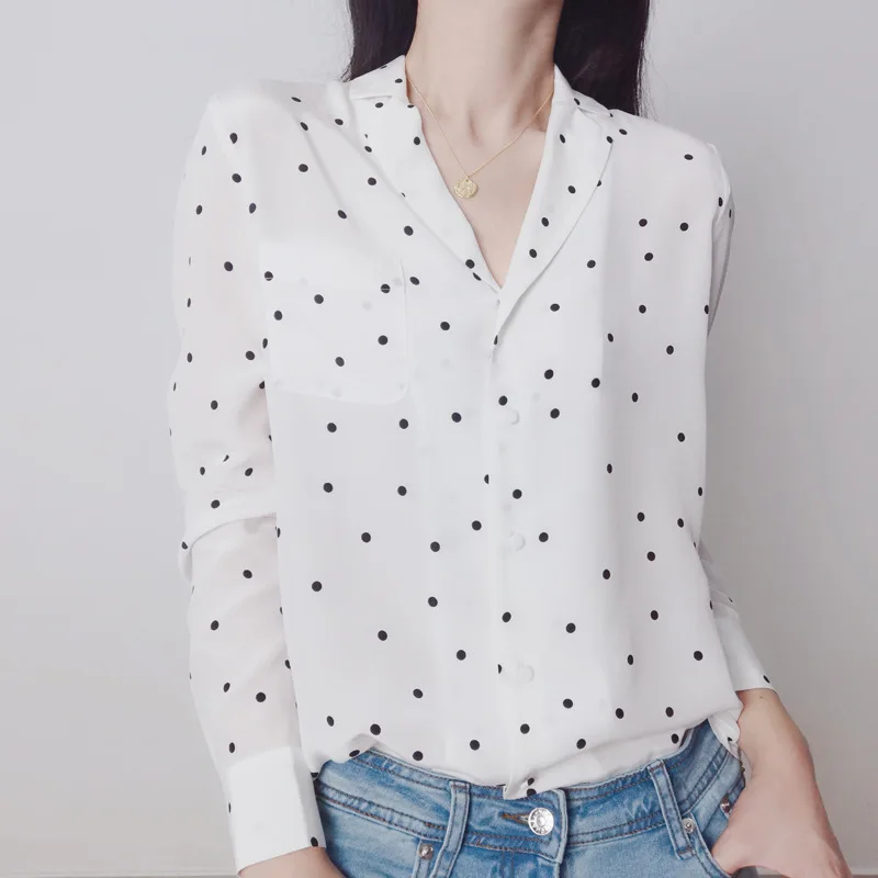 Birdtree 100%Mulberry Silk Women Elegant Blouse Simple Design Long Sleeves Polka Dot V Neck Graceful Style Shirt New T37818QC