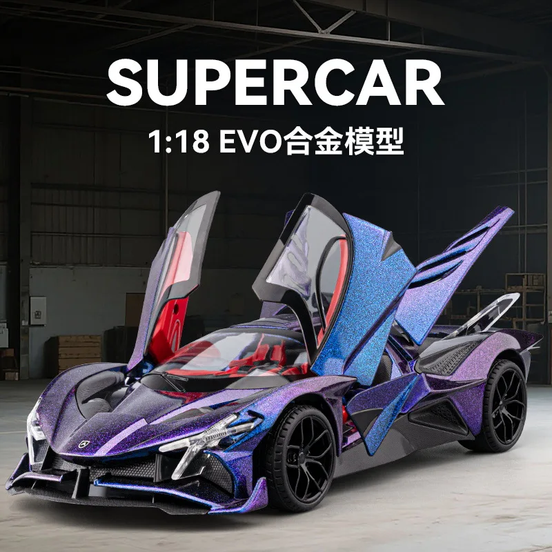 1:18 EVO Supercar Modello in scala in lega di auto Diecast in metallo Veicolo Suono e luce Giocattolo da collezione per bambini Regali