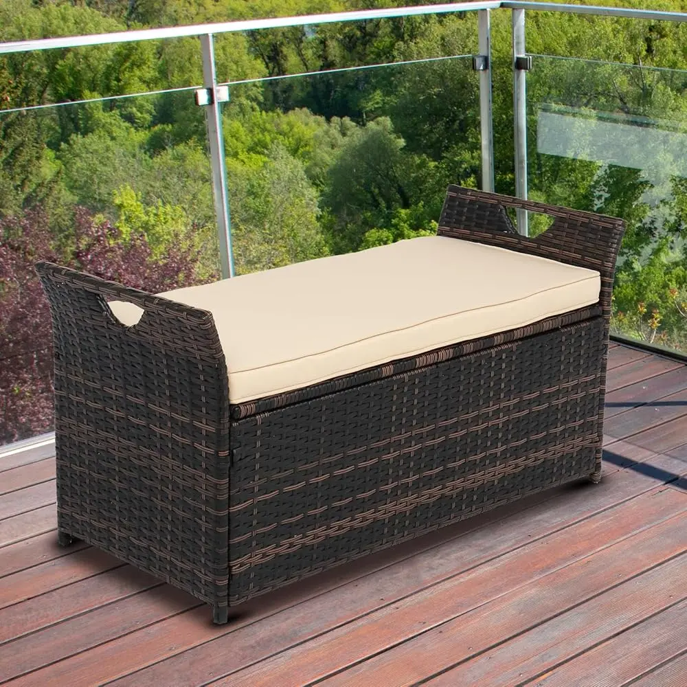 40 Gallon Outdoor Rattan De Box W/Cushion, Patio Wicker Storage Box For Tools And Supplies, Garden De Storage Bin For Balcony,