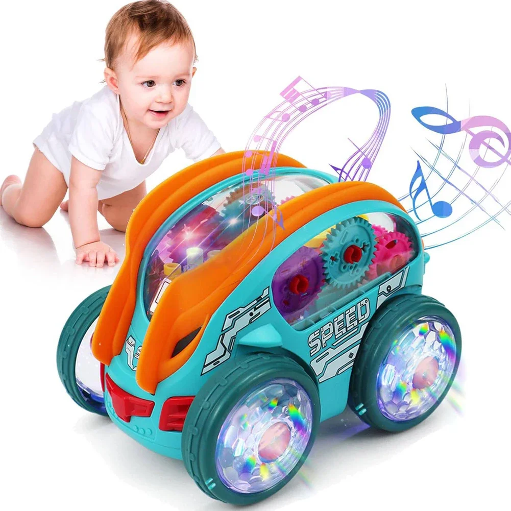 Cartoon per bambini Gear Car Toy Lights Musica Pull-back Trasparente Stunt Car Giocattolo scorrevole Ragazzo Ragazza Elettrico Stunt Rolling Car Toy