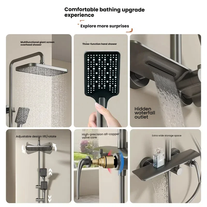 Conjunto de chuveiro de banheiro dourado, alça multifuncional, tipo água quente e fria, núcleo de válvula de latão, sistema de chuveiro pressurizado doméstico