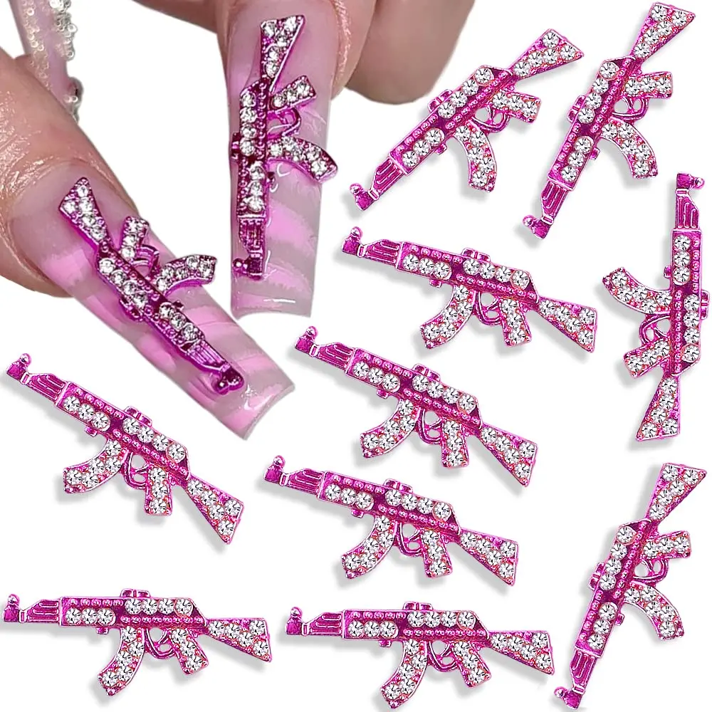 

5Pcs Pink 3D Gun Shape Crystal Rhinestones Press on Nails Punk Style Luxury Diamond Alloy Gun Nail Charm for Nail Art Decoration