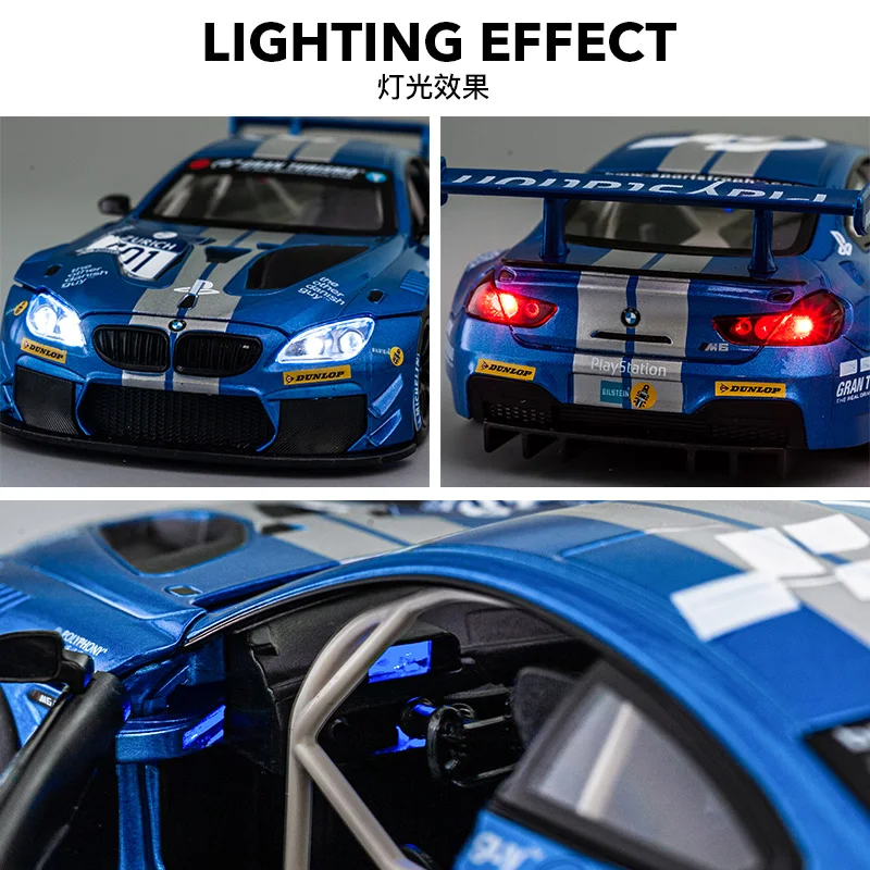 1:24 BMW M6 GT3 Alloy Sports Car Model Diecasts Metal Toy Racing Car Model Simulation Sound and Light Collection Childrens Gifts