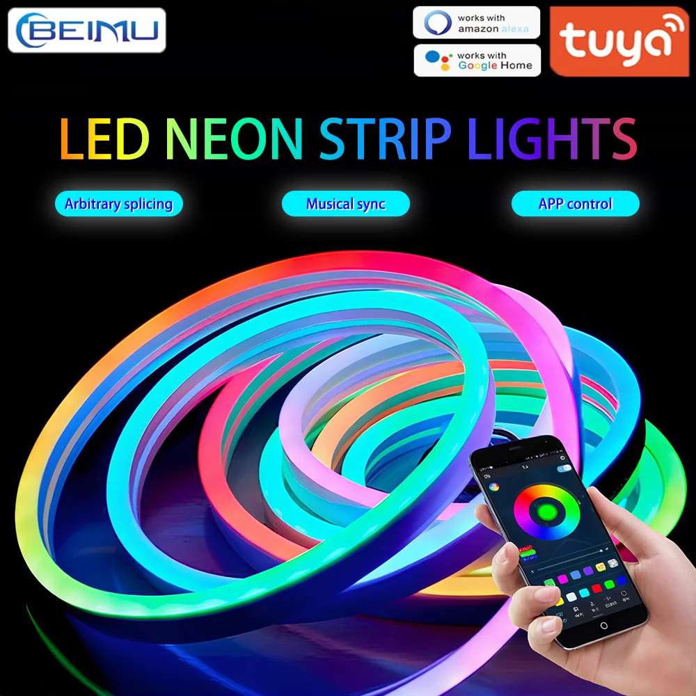 

BEIMU TUYA WIFI светодиодные неоновые ленты RGBIC 5/10/15M водонепроницаемый силиконовый волшебный цвет музыка синхронизации с голосовым управлением поддержка Smart Life/Alexa APP для комнаты магазин открытый украшения