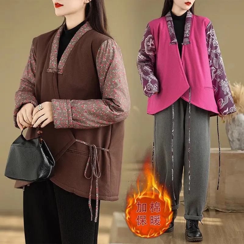 Large Size Women's Clothing 2024 Winter Art Retro Cotton Linen Quilted Jacket Thick Warm Cross Collar Chinese Style Coat A284