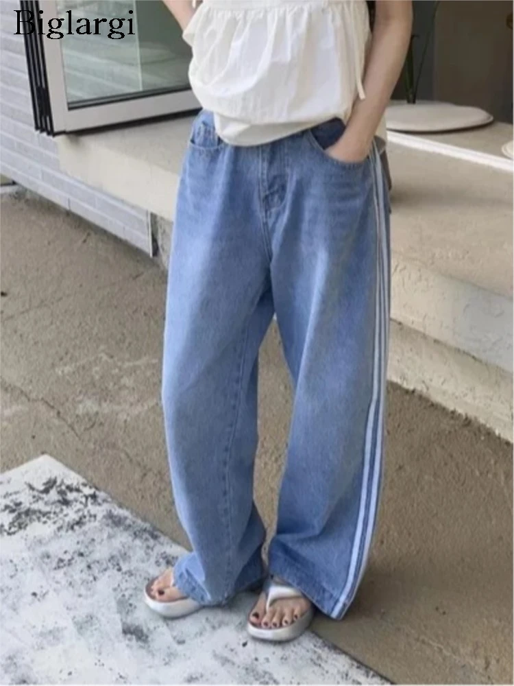 

Jeans Summer Striped Patchwork Wide Leg Long Pant Women Korean Style Loose Pleated Ladies Trousers Fashion Casual Woman Pants