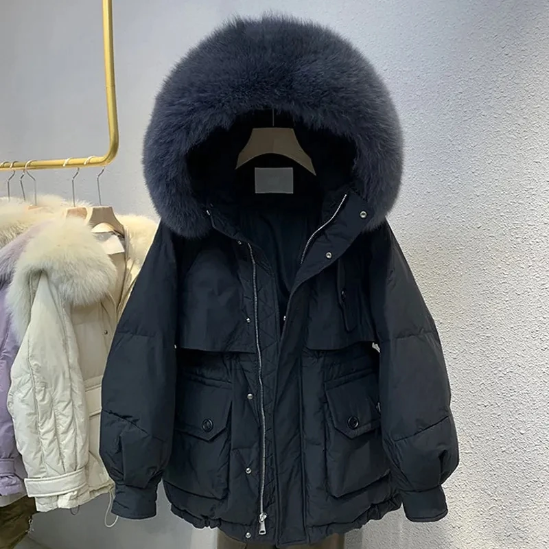 本物のアライグマの毛皮の襟付きダウンジャケット レディース 2025 冬 ファッション ゆったり 厚手 ホワイトダックダウンコート 女性用 暖かいパーカー オーバーコート