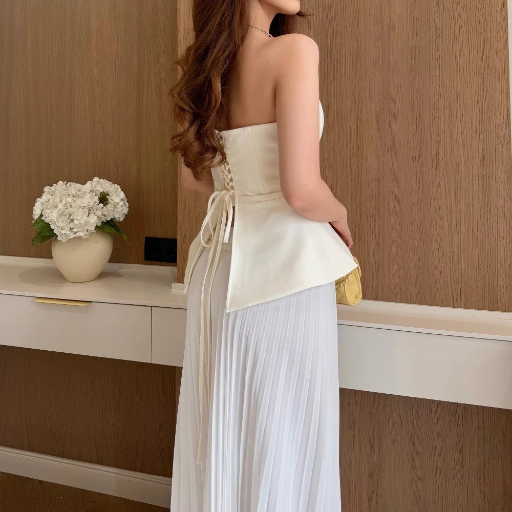

Classic Two Piece Prom Gowns Sleeveless Strapless Sexy Backless Party Dress Customized A-line Ankle Length Evening Dress