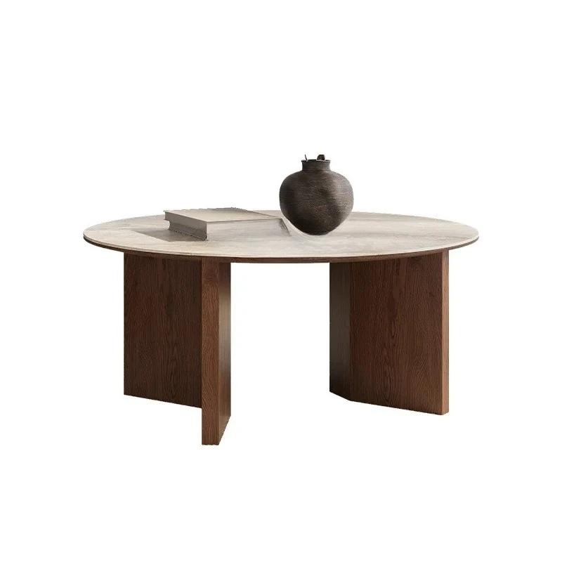 

Y French retro solid wood round coffee table simple creative travertine rock slab designer coffee table