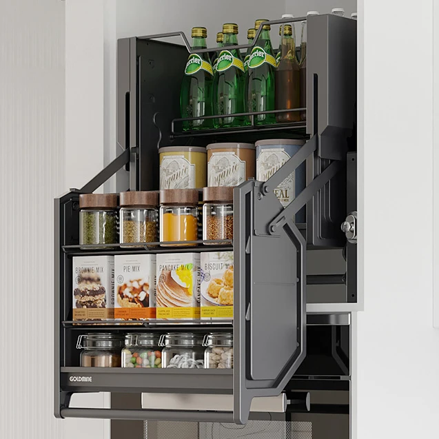 Goldmine Kitchen Cabinet Vertical Elevator Pull Down Shelf Lifting Seasoning Basket Multifunctional Pantry Storage Lift Rack