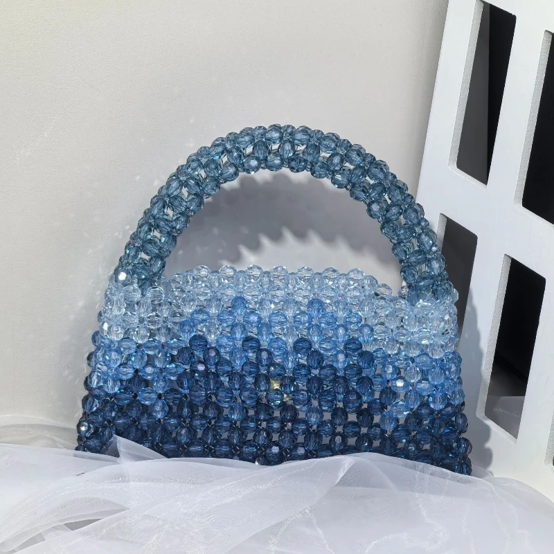 Fashion Acrylic Women Handbags Gradient Blue Beaded Tote Bags Summer Travel Mobile Phone Bag Wedding Evening Bag