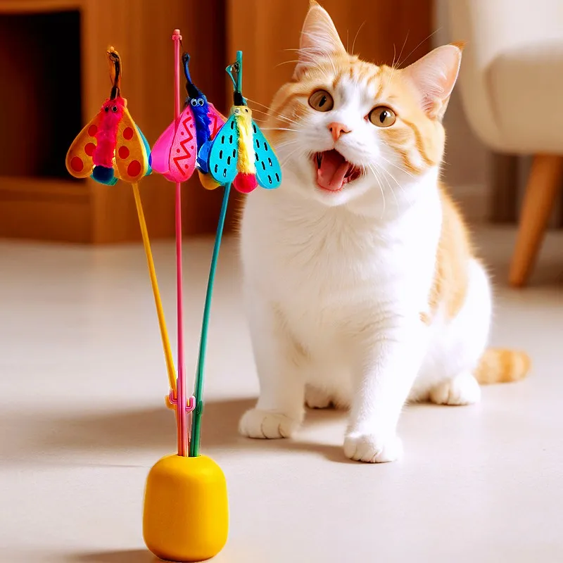 

Cat Toy Butterfly Cats Stick Teaser Colorful Insect Stick Cat Toys Interactive Long Handle Cats Toy Tease with Bell Pet Products