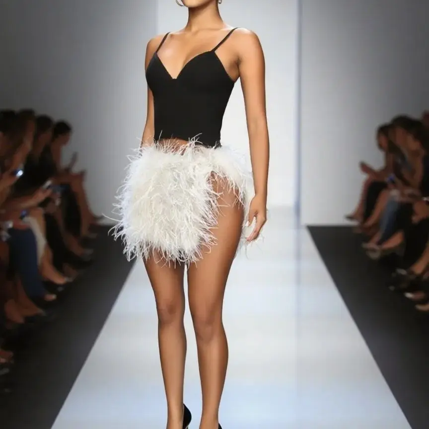 Side Split Women Mini Skirt With Bandage real ostrich feather skirt Y2K Evening Party wear sex dropped skirt 250625