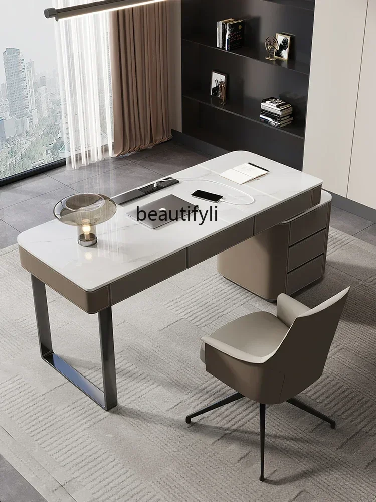 

Saddle Leather Stone Plate Desk Home Study Table Light Luxury High-End Designer Desk