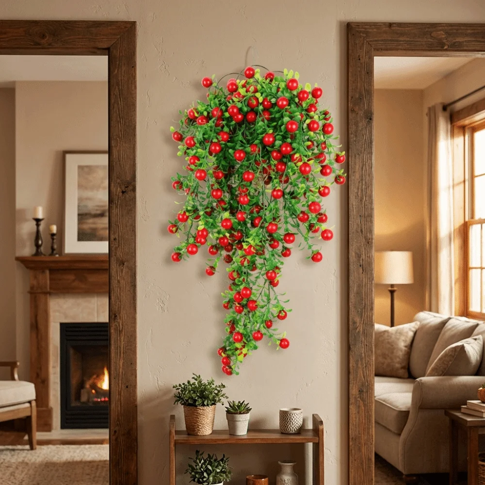 

Green Leaves Artificial Berry Plant Vine Ornament Photo Props Plant Wall Good Luck Red Orange Fruit Simulation Plant Vine