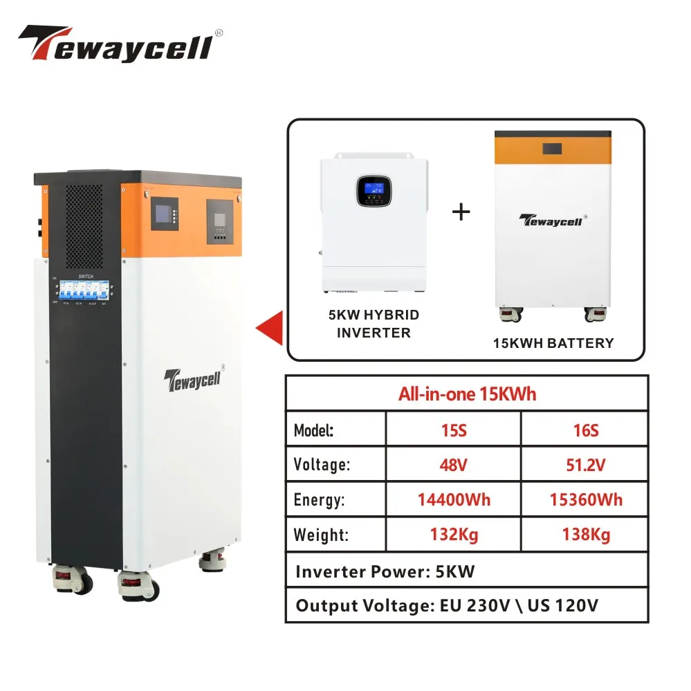 Tewaycell All-in-One 48 V 300 Ah 15 kWh Powerwall 51,2 V LiFePO4-Batterie Eingebauter 5-kW-Wechselrichter ESS-Solarenergiesystem EU Keine Steuer