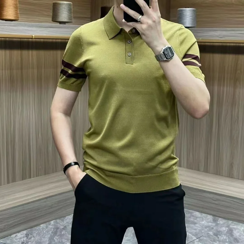 Summer Fashion England Style Men's Color Blocked Lapel Ice Silk Polo Shirt Smart Casual Button Versatile Knit Short Sleeved Top