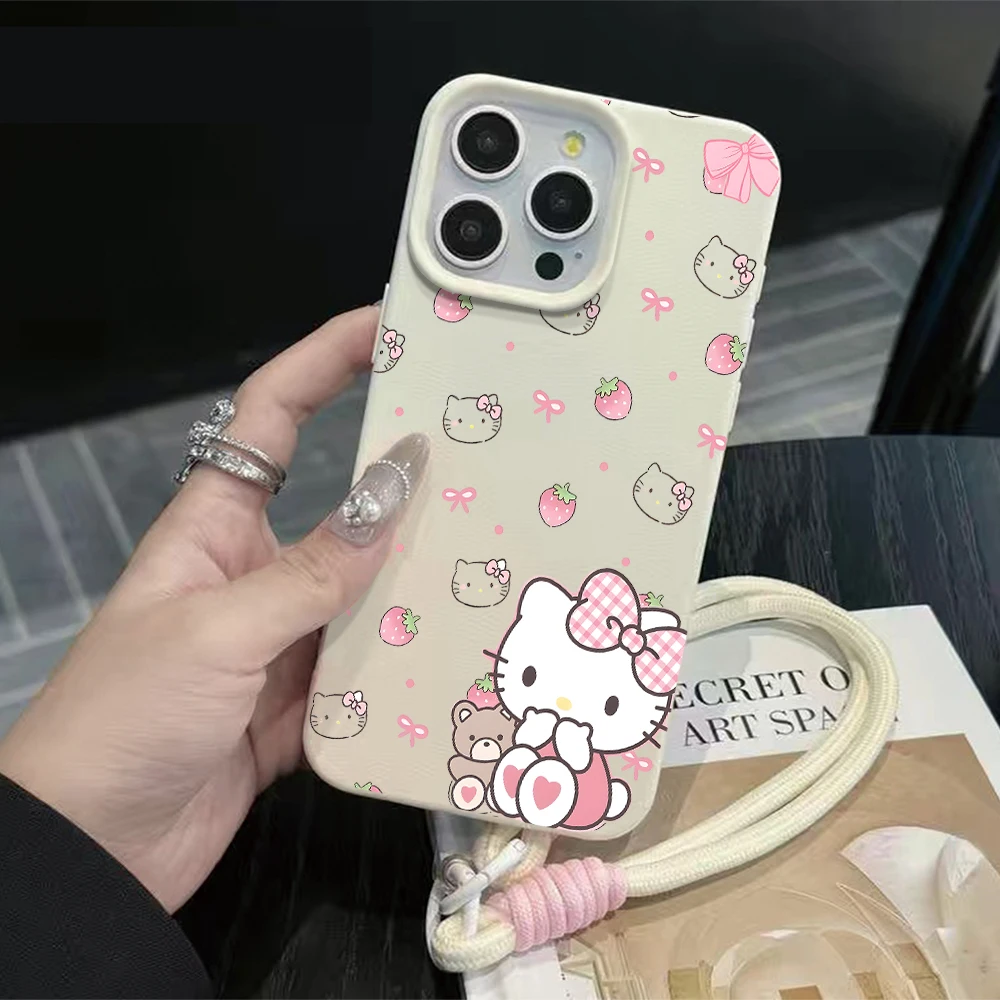 Fashion Strawberry Cute Hello Kitty Lichee Pattern Lanyard Phone Case For iPhone 16 Air 17 15 14 13 12 11 Pro Max XS X XR Cover