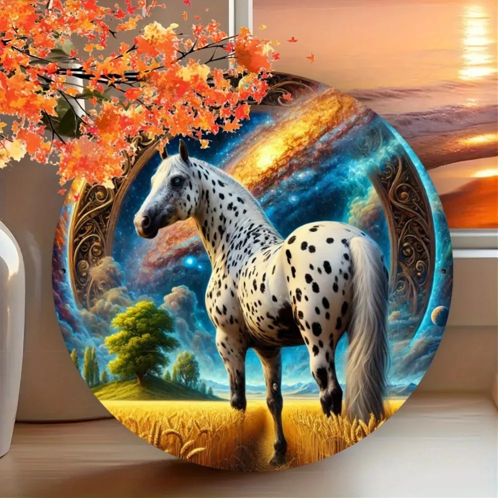 ديكور علامة معدنية من Apaluza Fantasy Horse، لوحة فنية جدارية مستديرة مقاس 7.8 بوصة، قطعة مركزية للإكليل #1