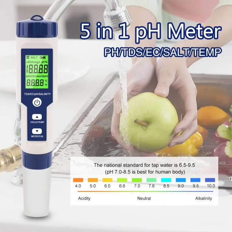 

NOYAFA EZ-9909 5 in 1 TDS/EC/PH/Salinity/Temperature Meter Digital Water Quality Monitor Tester for Pools, Drinking Water