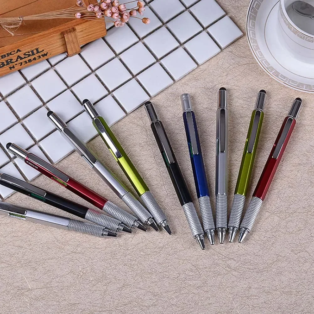 1Pcs 6 In 1 Multifunctional Tool Pen Cross Screwdriver Metal Ballpoint Pen For Construction Engineers/Carpenters/Carpenters