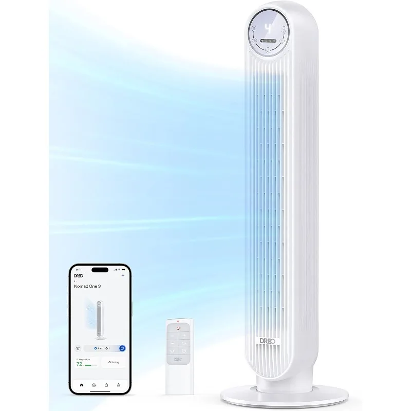 

Dreo Oscillating Quiet Tower Fan, Smart Floor Fans for Bedroom, Standing Bladeless Fan with Remote, 4 Modes, 4 Speeds, 8H Timer,