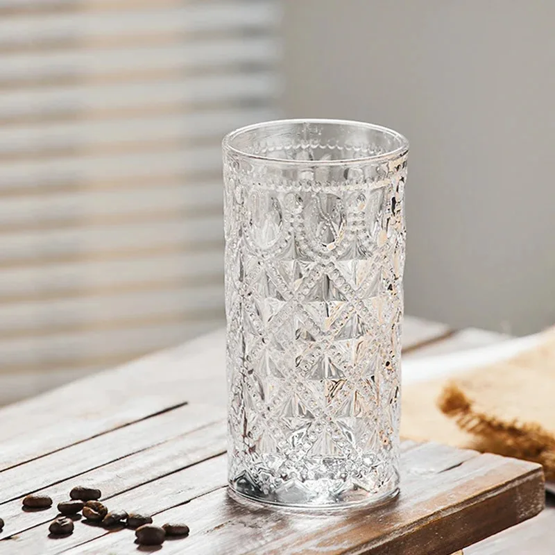 

TOPLIVING 2pcs Set 13.1oz 380ml Vintage Relief Glass Cup Rural Style Milk Tea Juice Cups Transparent Cocktail Glass Prism Shaped