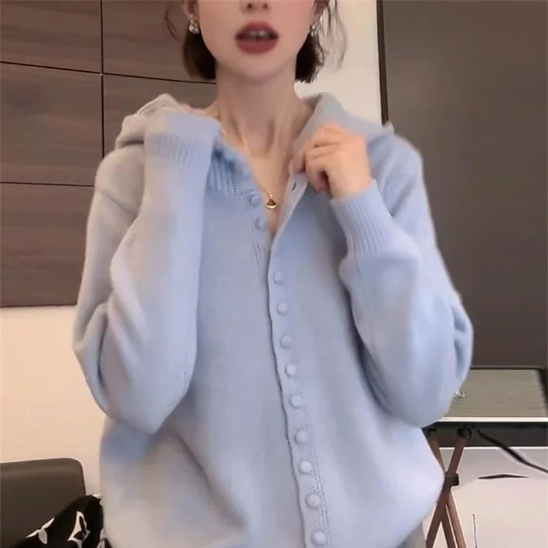 

Western Style Knitted Cardigan High-end Feeling Outerwear Hooded Sweater For Women Autumn And Winter Lazy Style Soft And