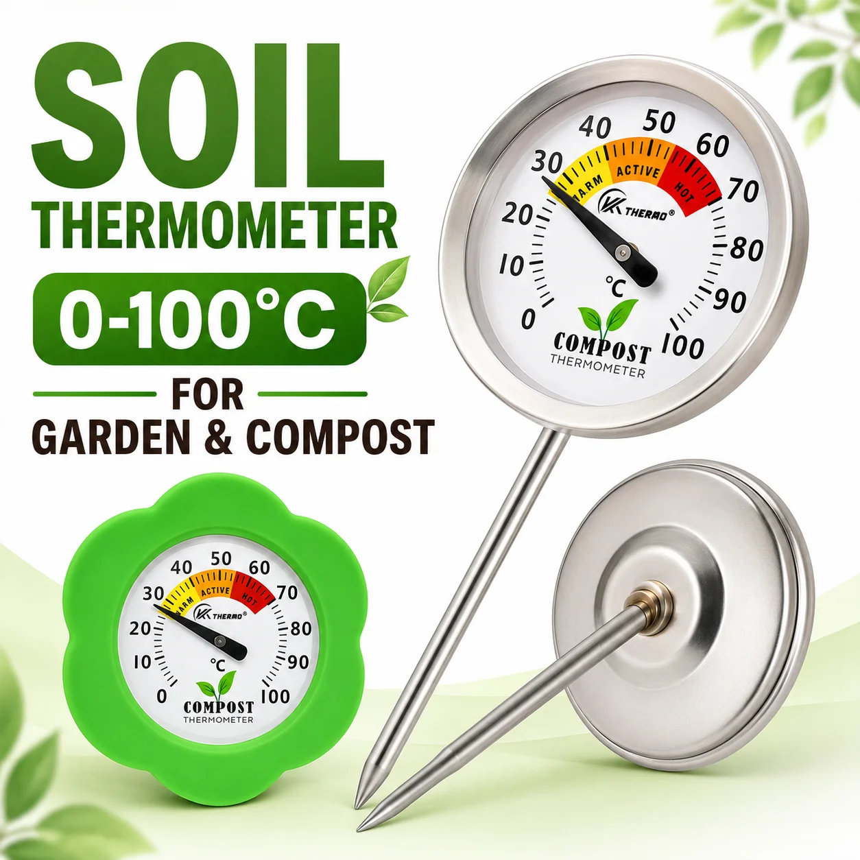 Garden Soil Thermometer 0-100°C Compost Temperature Gauge Stainless Steel Probe with Green Silicone Cover