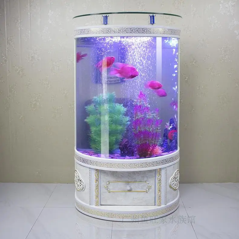 Large household one click drainage glass aquarium in European style fish tank semi-circular living room