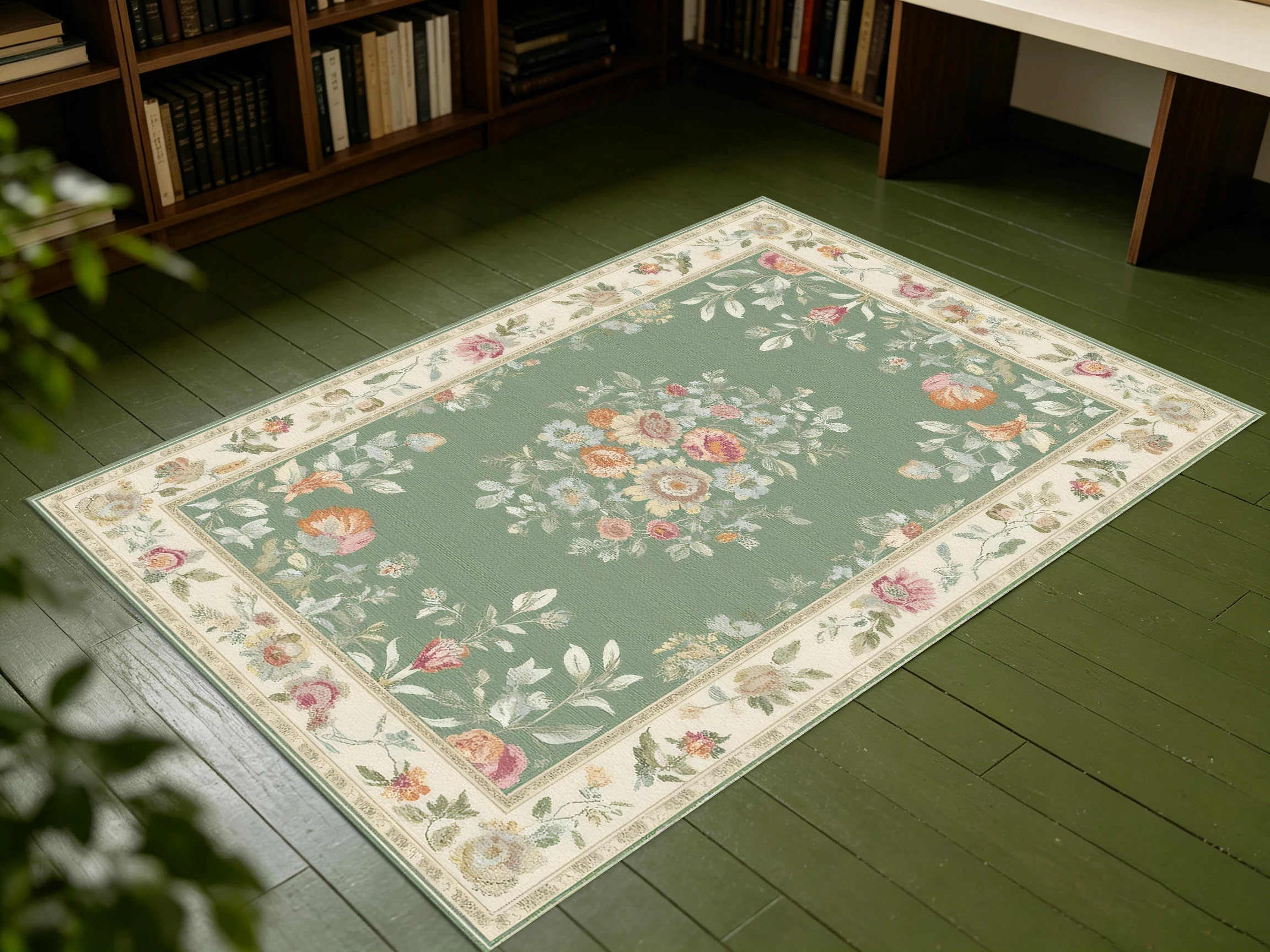 2D Carpet, 2D Large Carpet, Bean Green Color, French Retro Floral Style, Skin-Friendly and Comfortable, Suitable for Living Rooms and Other Places.
