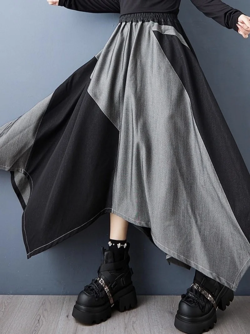 2025 Autumn New Dark Style Cowboy Splicing Irregular Skirt Fashionable Versatile Long Skirt For Women W855