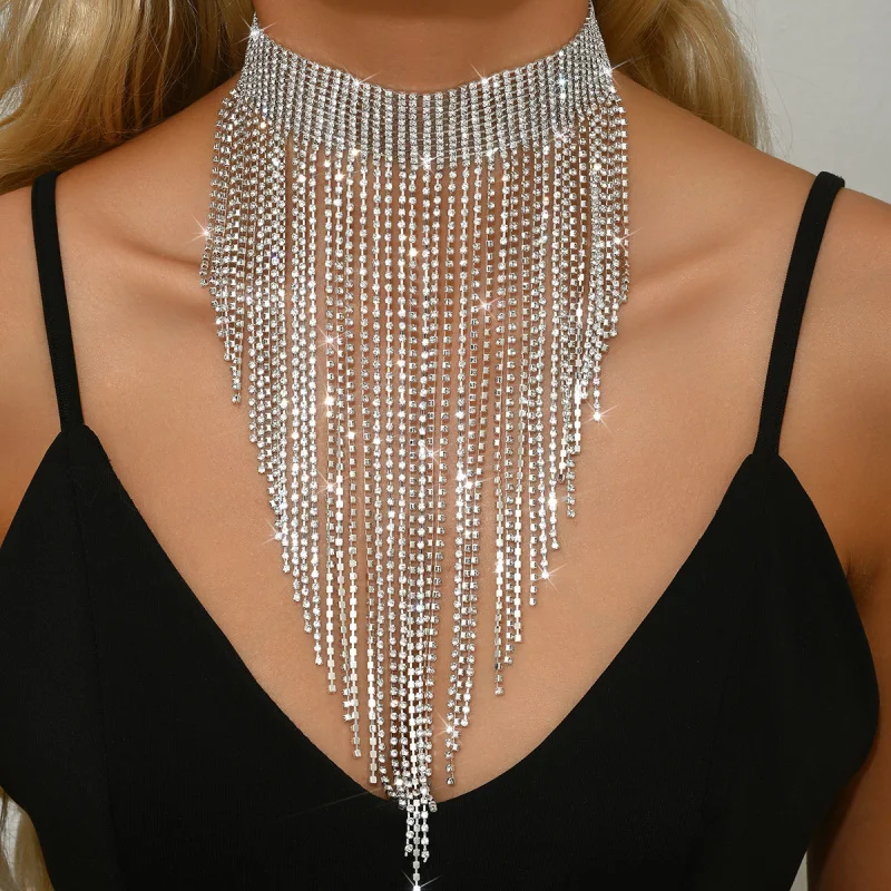 

Exaggerated Heavy Craft Inlaid Diamond Long Tassel Necklace Fashionable Light Luxury High-end Clavicle Chain European and Americ