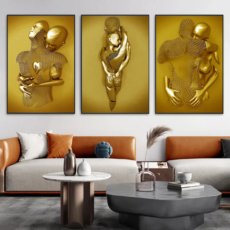 

Metal Figure Statue Wall Art Canvas Painting with Frame Modern Couple Love Abstract Picture Home Decor Nordic Poster and Prints