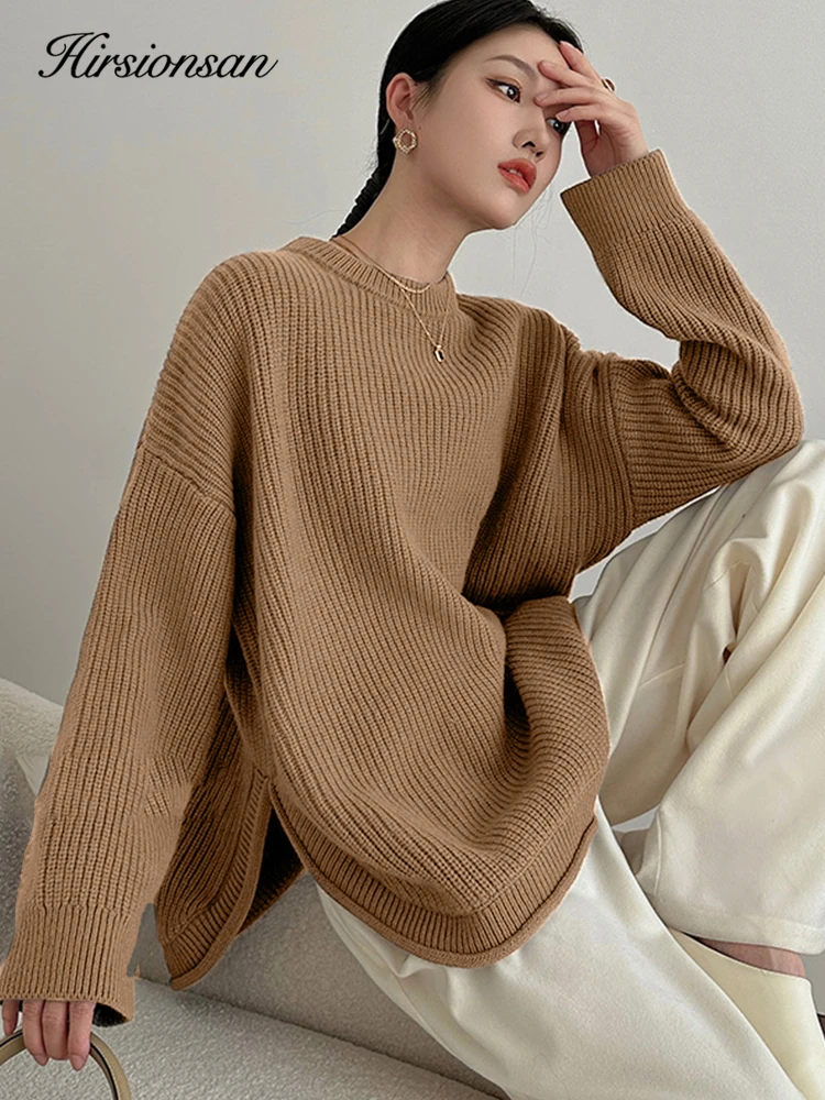 Hirsionsan Basic Knitted Cashmere Sweater Women 2023 New Winter Loose Split Ladies Pullovers Warm Casual Chic Elegant Jumper