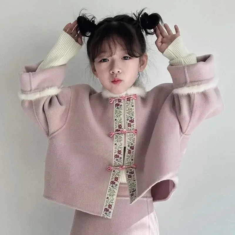 Girls Clothes Suit Winter 2023 New Chinese Tang Suit Woolen Coat National Style Half Skirt New Year's Day Two-piece Suit