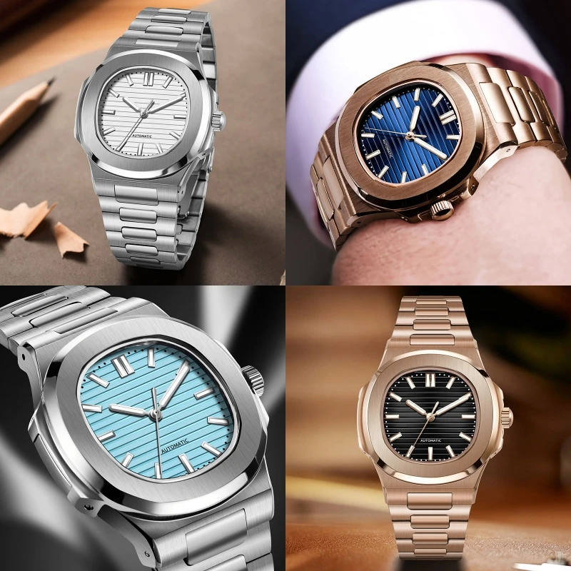 MACARLON Men's Auto Mechanical Wristwatch Sapphire Window Glow Dial Steel Bracelet Hidden Butterfly Buckle Screw-Down Crown