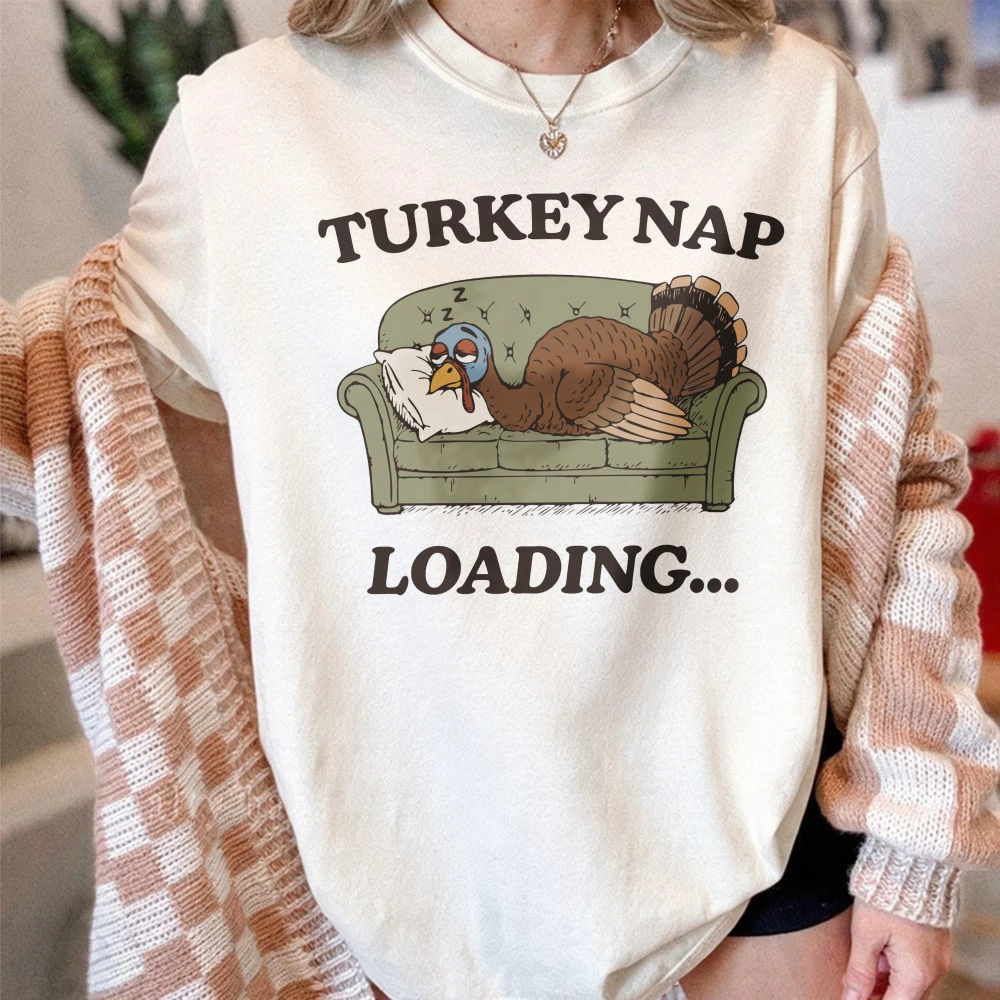 Fashion Turkey Nap T-shirt Funny Thanksgiving Turkey Graphic T-Shirt Humor Thanksgiving Gift Shirt Unisex Cotton Casual T-Shirt