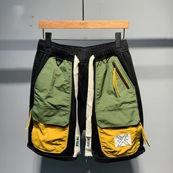 Young Style Trend Summer New Men's Elastic Waist Drawstring Contrast Color Zipper Fashion Versatile Loose Cargo Casual Shorts