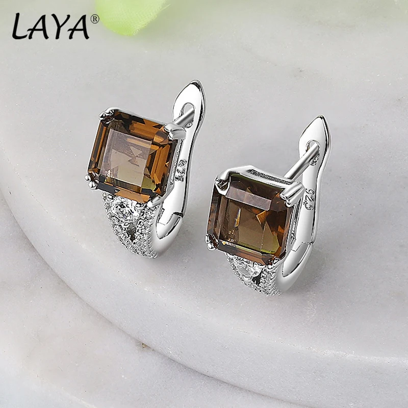 LAYA Natural Smoky Quartz 925 Sterling Silver Clip Earrings Princess Cut 3 Carats Gemstone Romantic Style For Women Fine Jewelry