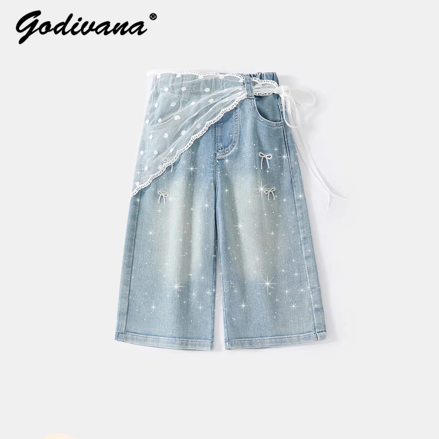 Little Girls Jeans 2026 New Spring and Summer Fashion Bow Print Lace Hem Cover Jeans Cute Baby Straight-leg Elastic Waist Pants