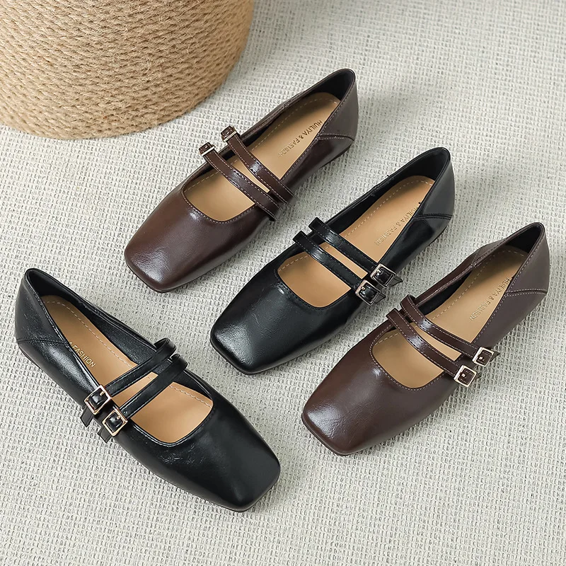 Women Shoes Autumn Soft Casual Female Sneakers Flats Shallow Mouth Square Toe Elegant Fall Comfortable Dress Summer Buckle Strap