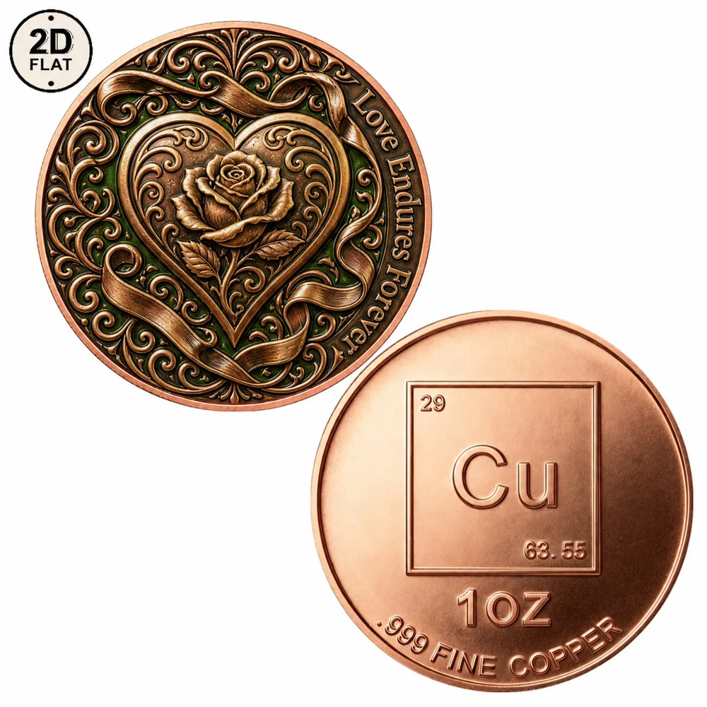 1pc 1oz Fine Copper Love Endures Forever Challenge Coin Color Print Valentine Heart Rose Souvenir Medal Gifts for Anniversary