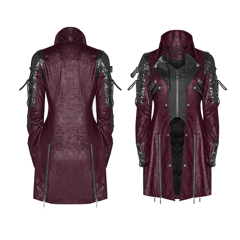 PUNK RAVE Gothic Style Women Vampire Red Punk Studded Heavy Pu Motorcycle Jacket Leather Fashion Brand Quality Long Coat